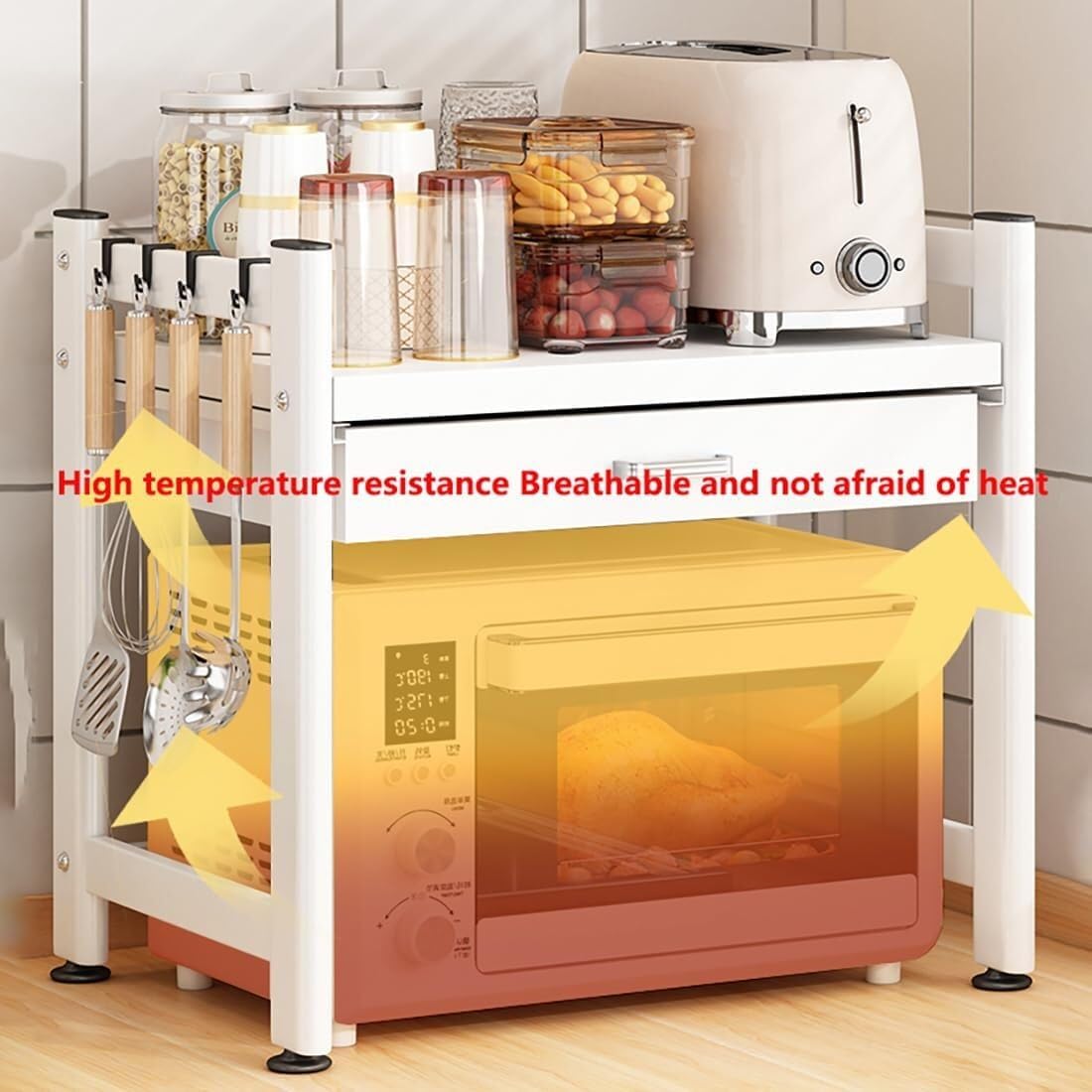 Microwave/Toaster Kitchen Microwave Oven Rack with Drawer Kitchen Storage Rack Multi -Layer Electrical Rice Cooker Standing Rack Shelf Organizer(White)