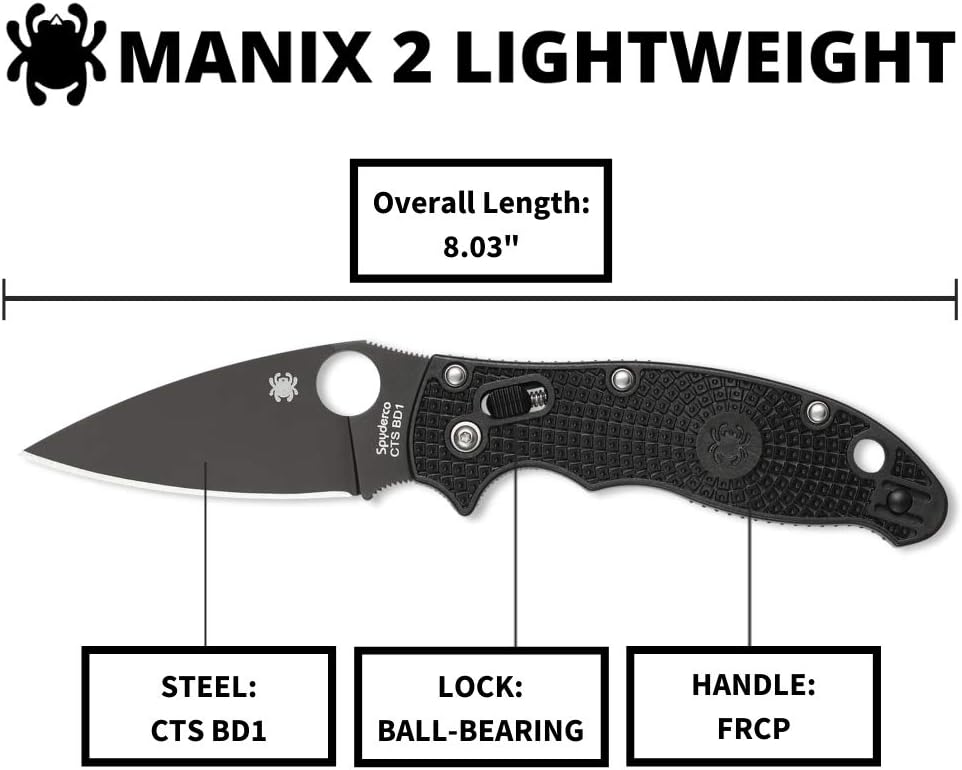 Spyderco Manix 2 Lightweight Folding Pocket Knife with 3.3' CTS BD1N Steel Blade and FRCP Handle - EDC Knife for Men and Women, Perfect for Hunting, Tactical, Camping - PlainEdge - C101PBBK2