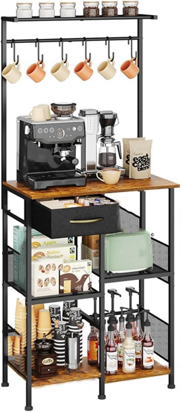 Vertical 5-Storey Kitchen Baker's Rack Storage Rack, Household Microwave Oven Rack with Drawers and Six Hooks for Spices, Pots,A