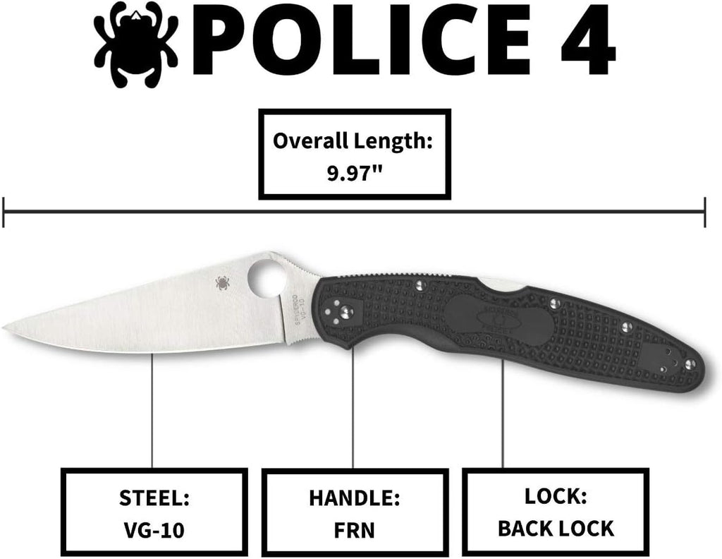 Spyderco Police 4 Lightweight Folding Pocket Knife with 4.3' VG-10 Steel Blade and FRN Handle - EDC Knife for Men and Women, Perfect for Hunting, Tactical, Camping, Survival - PlainEdge - C07PBK4