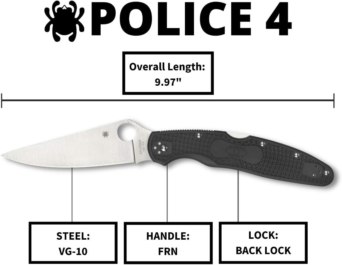 Spyderco Police 4 Lightweight Folding Pocket Knife with 4.3' VG-10 Steel Blade and FRN Handle - EDC Knife for Men and Women, Perfect for Hunting, Tactical, Camping, Survival - PlainEdge - C07PBK4