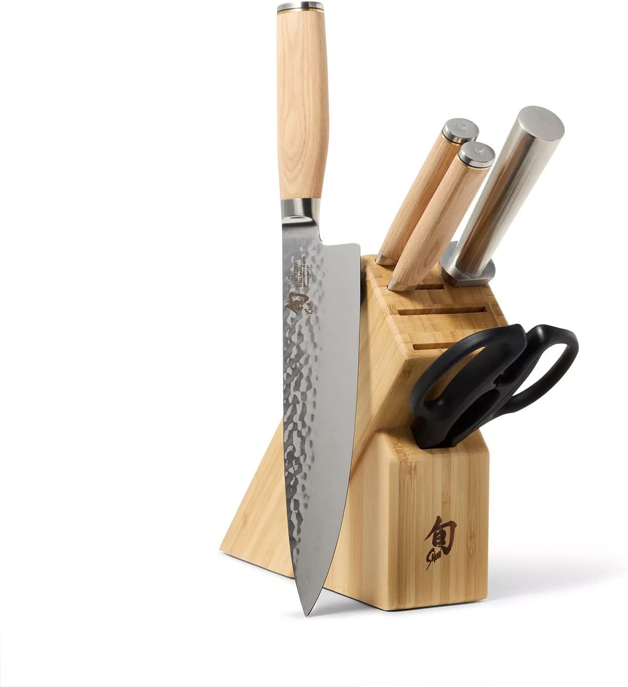 Shun Premier Blonde 6 Piece Block Set, Includes 8' Chef's, 4' Paring, 6.5' Serrated Utility Knife & Kitchen Shears, Handcrafted Japanese Knife Set, Damascus Stainless Steel Cladding, Pakkawood Handle