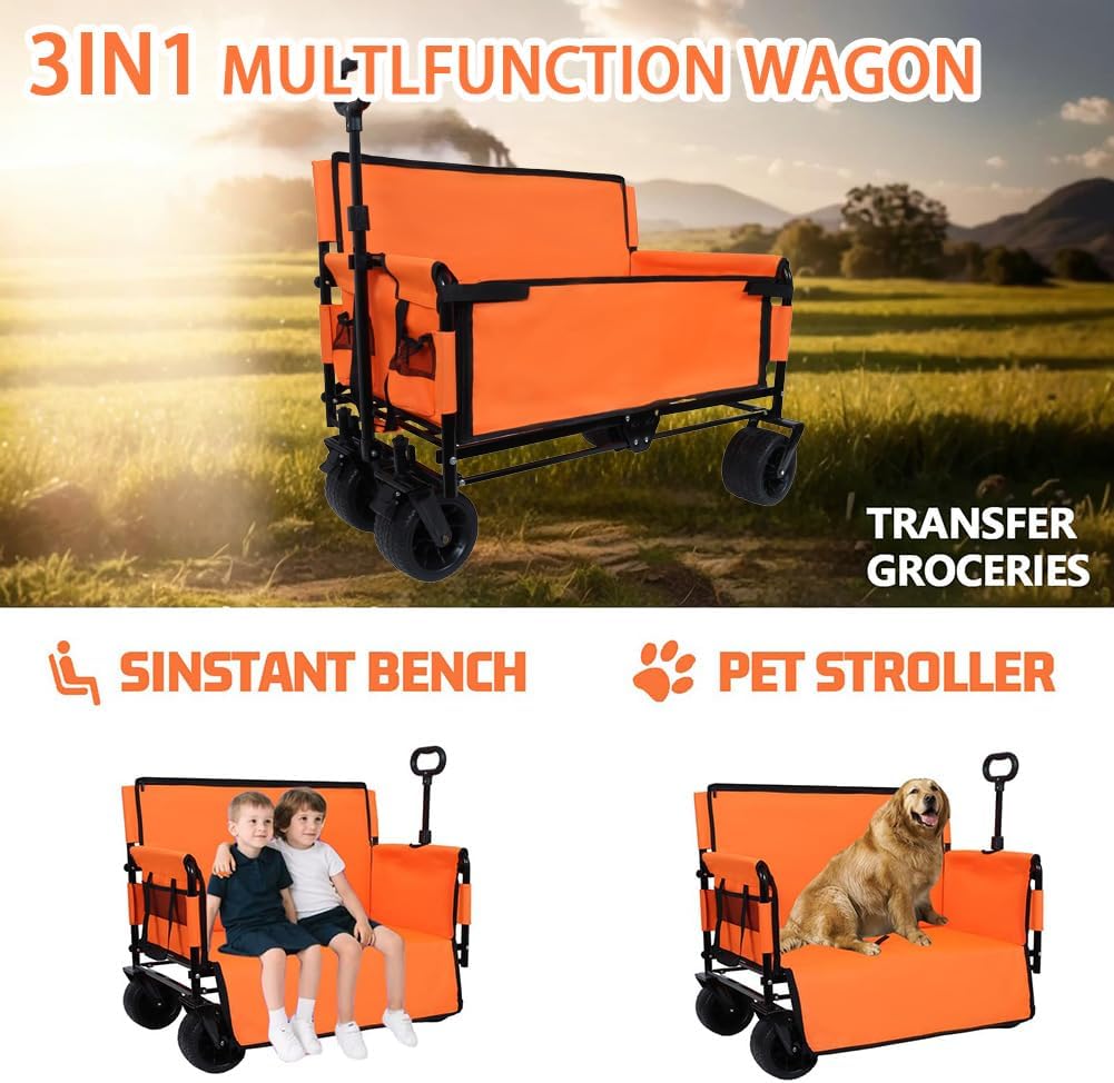 3-in-1 Convertible Folding Wagon Cart with Seat & Storage, 500lbs Heavy-Duty Utility Wagon, 180L Capacity, All-Terrain 360° Swivel Wheels for Camping, Beach, Sports, Garden (Orange)