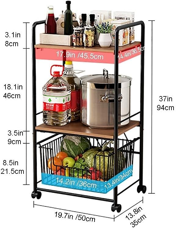 Rolling Microwave Stand with 3 Shelves Drawer Wire Basket Non Slip Workstation Kitchen Baker's Rack for Microwave Oven Spice Rack Organizer Utility Storage Shelf.
