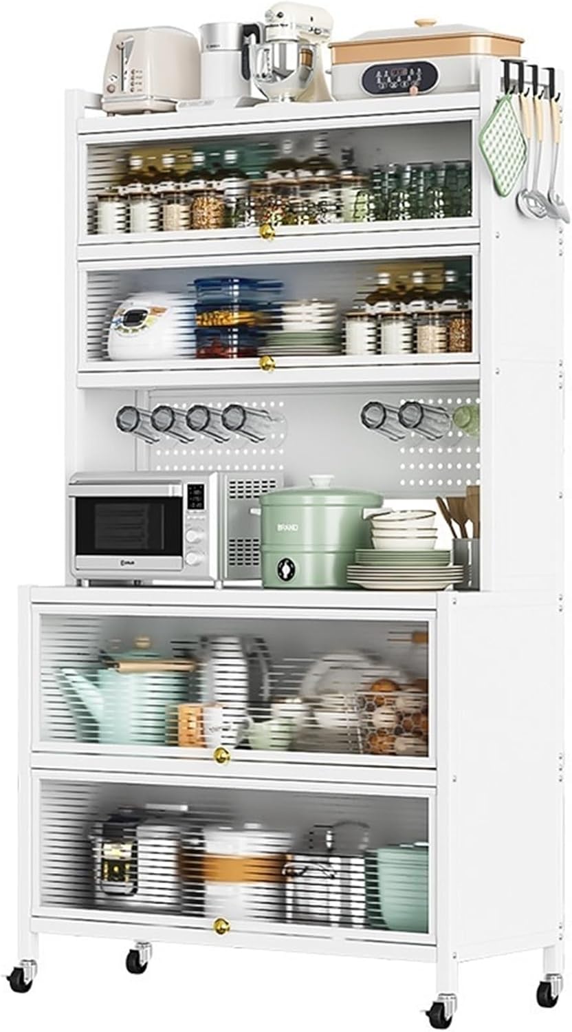 Microwave Stand with Storage - 5/6 Tier Bakers Rack Organizer with Drawers and Flip Doors for Kitchen and Living Room Utility Shelf