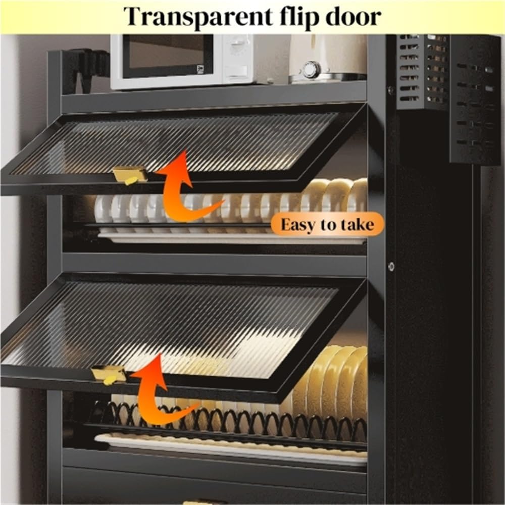 Kitchen Countertop Dish Cabinet with Drawers, Countertop Pantry with Drain Trays and Doors, Multifunctional Microwave Oven Rack, Space-Saving Dish Organizer for Dining room(Black,17.7''x11.4''x28'')