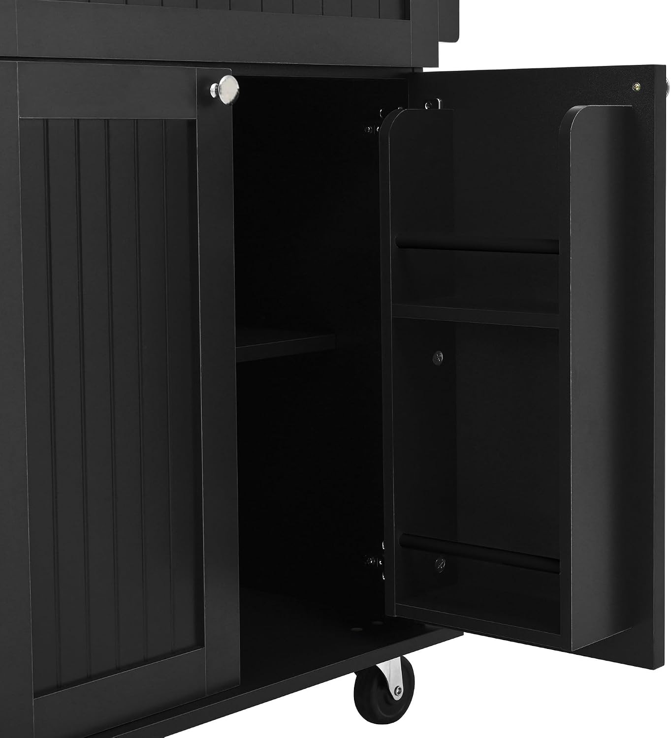 Bellemave Farmhouse Kitchen Island on Wheels with 11.8inch Drop Leaf, 2 Stools, Power Outlet,Kitchen Cart with Storage Cabinet, 2 Drawers, Door Shelves and Towel Rack(Black)