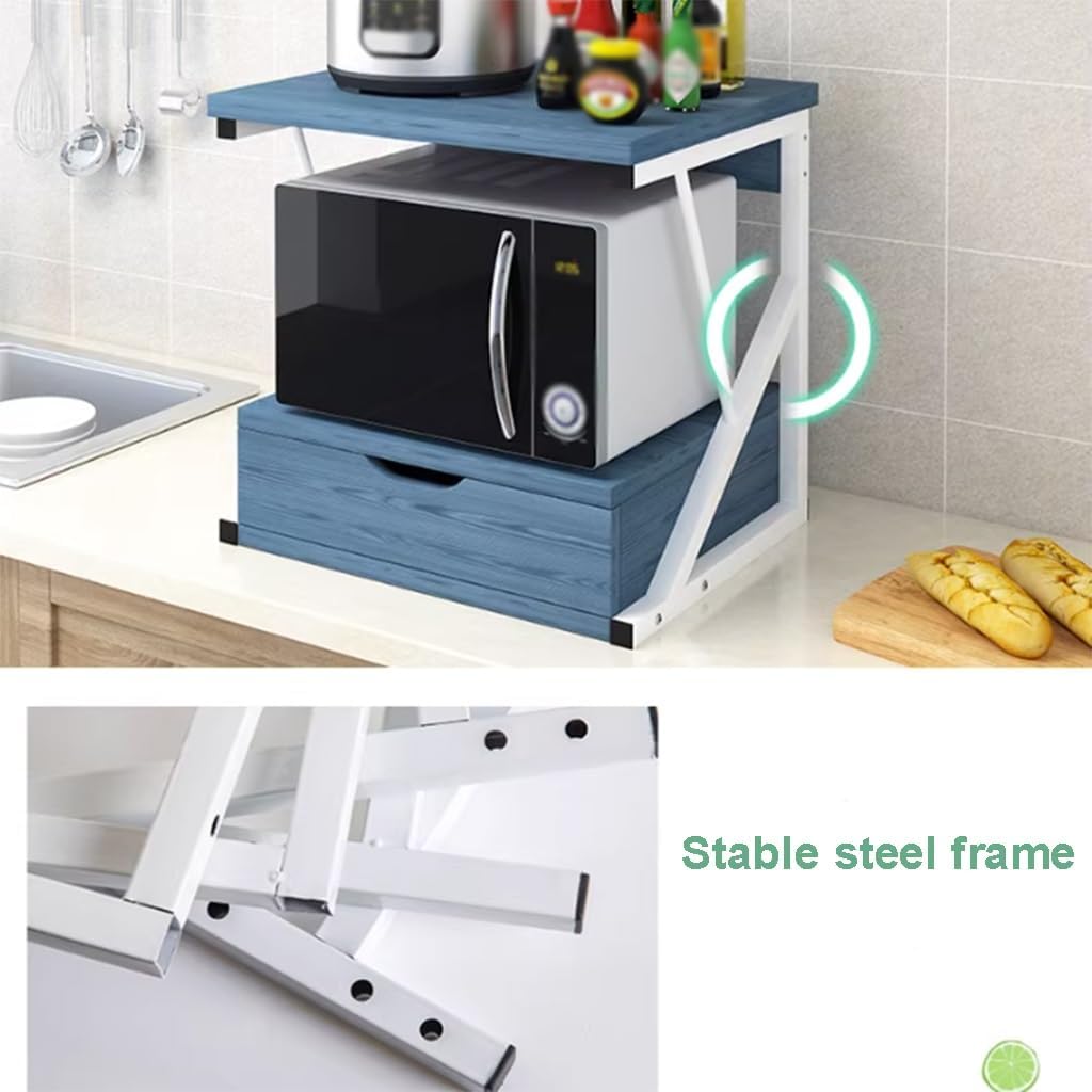 Microwave Shelf,Countertop 2 Tier Wooden Microwave Stand Shelf with Drawer Kitchen Storage Shelf Organizer Rack Home Office Storage Stand Rack for Printer and Microwave(Blue)