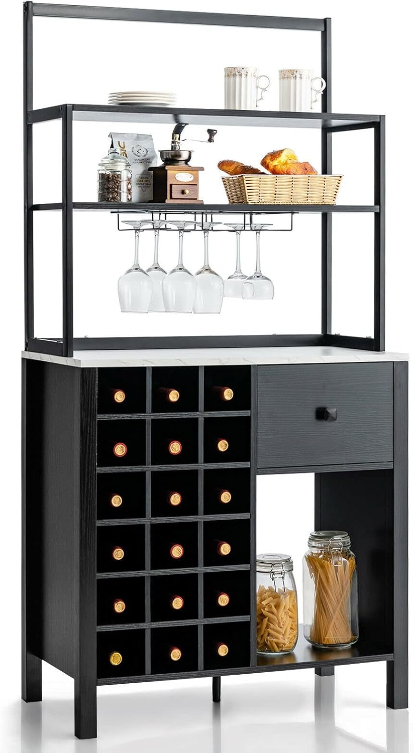 Black Kitchen Bakers Rack Pantry Microwave Stand Freestanding 18 Bottles Wine Rack with 6 Wine Glasses Holder Designed with 3 Tiers Shelf Drawer Bottom Open Compartment Anti-Toppling Design