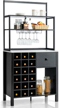 Black Kitchen Bakers Rack Pantry Microwave Stand Freestanding 18 Bottles Wine Rack with 6 Wine Glasses Holder Designed with 3 Tiers Shelf Drawer Bottom Open Compartment Anti-Toppling Design
