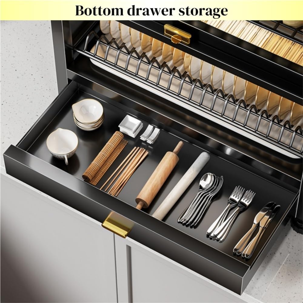 Kitchen Countertop Dish Cabinet with Drawers, Countertop Pantry with Drain Trays and Doors, Multifunctional Microwave Oven Rack, Space-Saving Dish Organizer for Dining room(Black,17.7''x11.4''x28'')