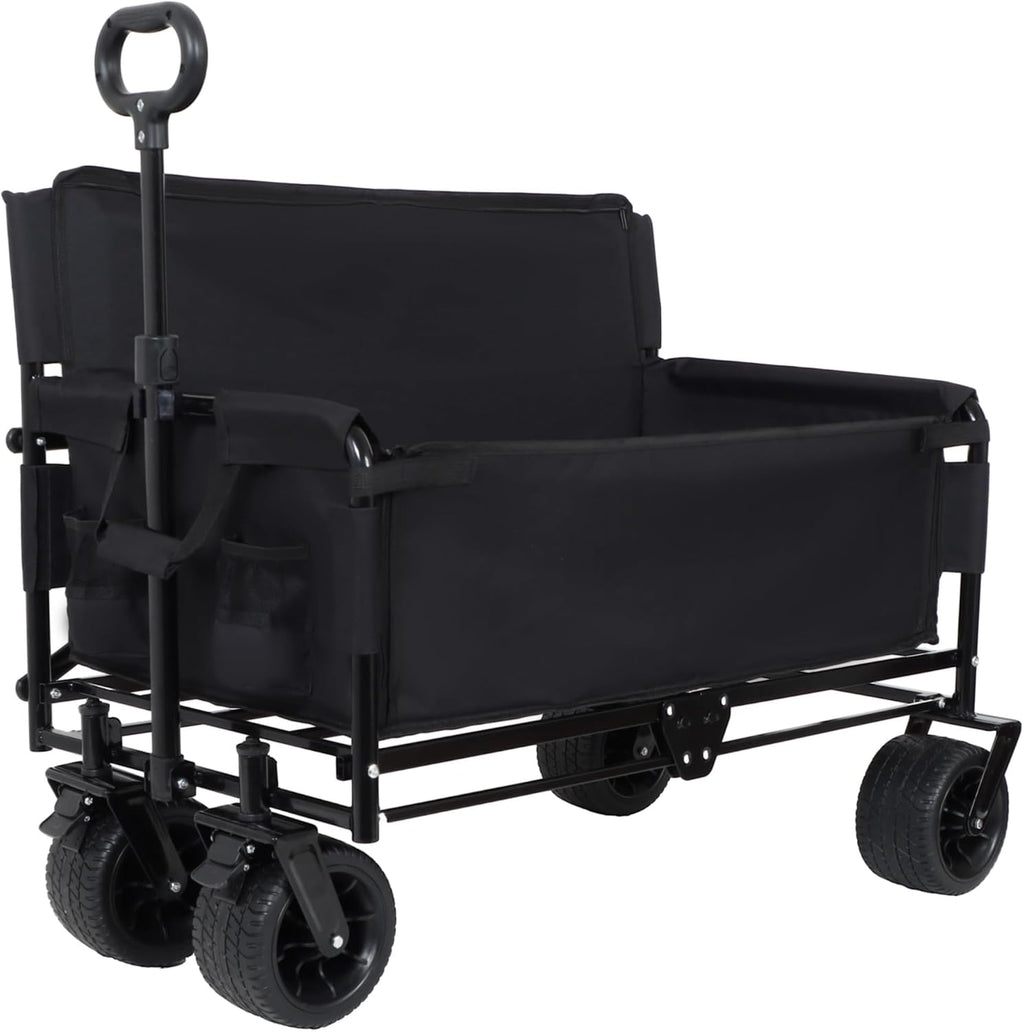 2-in-1 Folding Wagon Bench Love Seat, Heavy Duty Collapsible Beach Cart with 400LBS Capacity, Foldable Garden Wagon with All-Terrain PU Foam Wheels, Portable Outdoor Cart for Camping, Sports