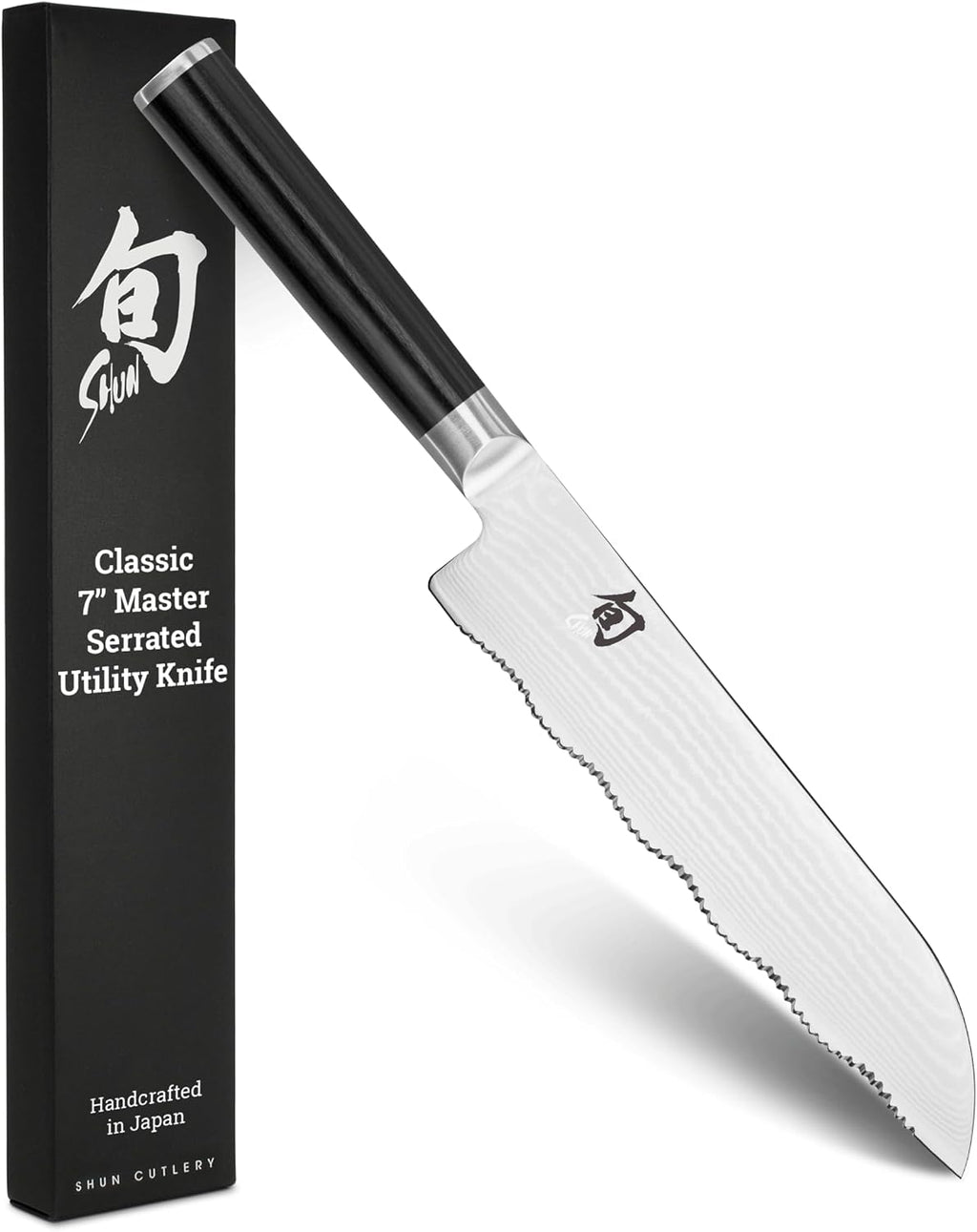 Shun Classic 7' Master Serrated Utility Knife, Handcrafted Japanese Knife, VG-MAX Core with Damascus Stainless Steel Cladding, Pakkawood Handle, Precision and Sharpness for Professional and Home Chefs