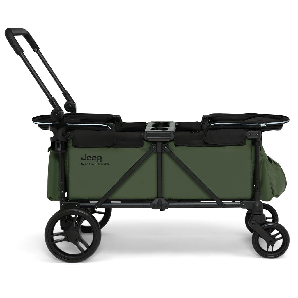 Jeep Sport Stroller Wagon by Delta Children, Black/Green | Stroller Wagon with 2 Canopies, Parent Organizer, Cup Holders, Adjustable Handlebar and Child Snack Tray