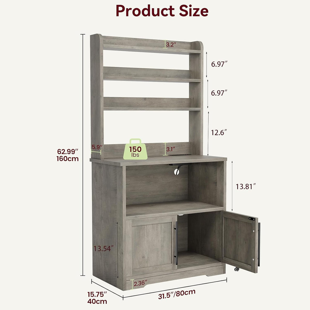 IDEALHOUSE Bakers Rack With Storage Cabinet, Microwave Stand With Power Outlets, Farmhouse pantry cabine With Thick Table Top, Small Kitchen Pantry Hutch Bakers Rack for Kitchen,Dining Room,Retro Gray