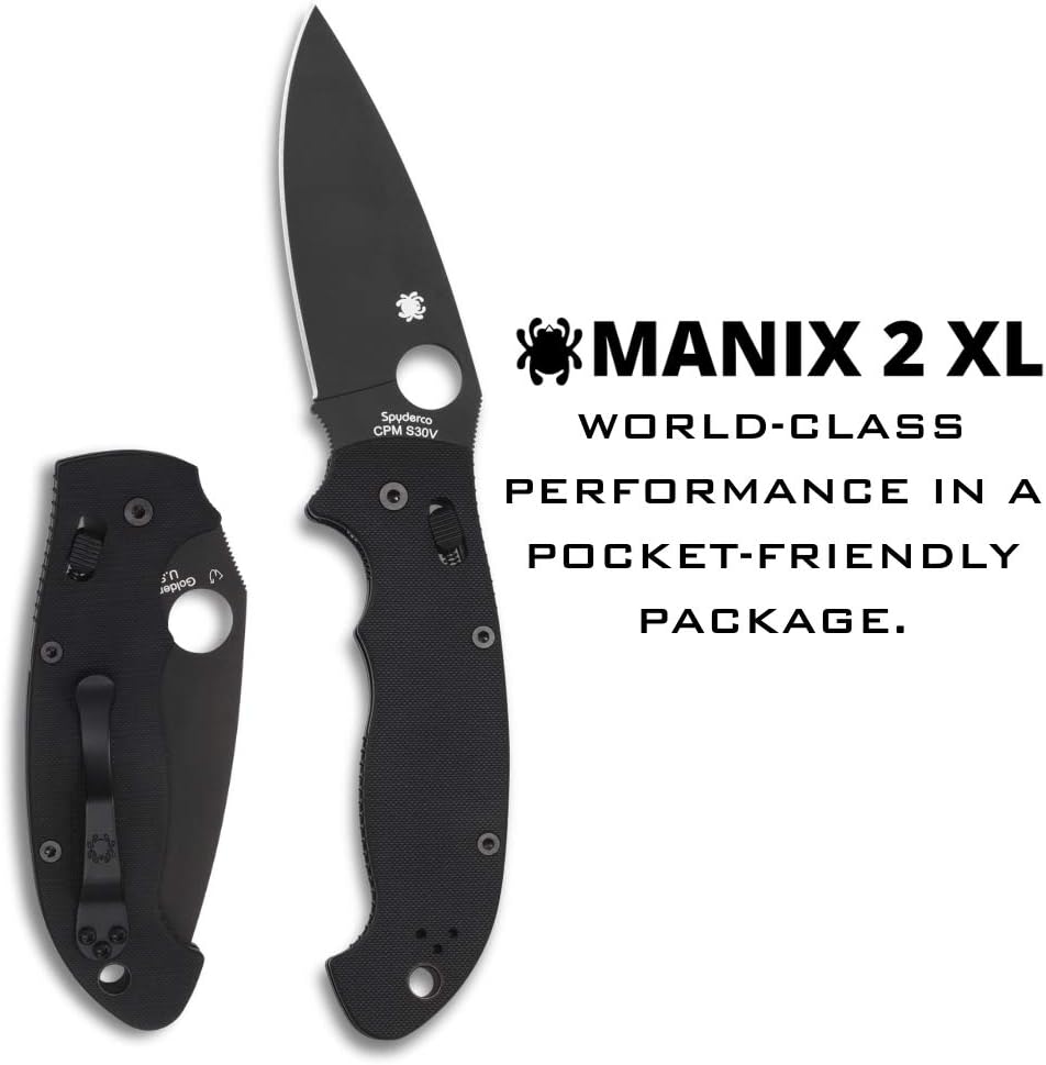 Spyderco Manix 2 XL Folding Pocket Knife with 3.8' CPM S30V Steel Blade and G-10 Handle - EDC Knife for Men and Women, Perfect for Hunting, Tactical, Camping, Survival, Hiking - PlainEdge - C95GPBBK2
