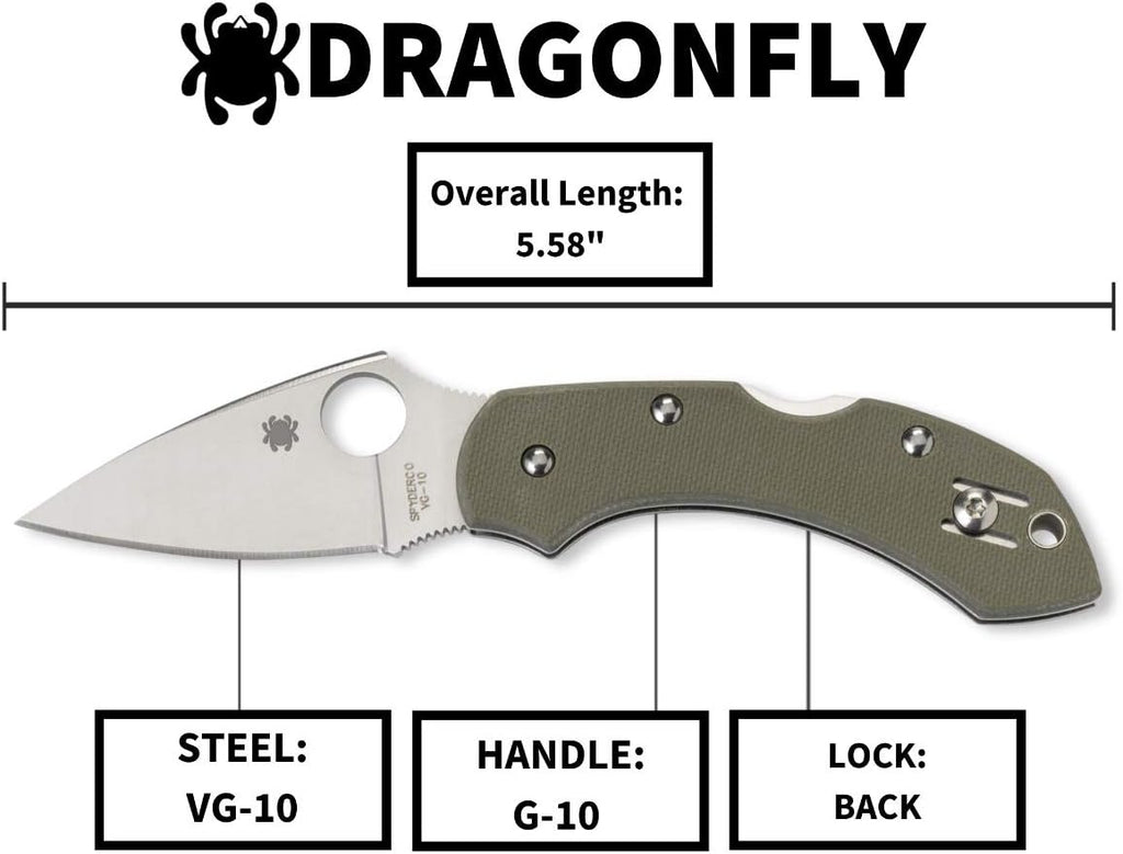 Spyderco Dragonfly Folding Pocket Knife with 2.2' VG-10 Steel Blade and G-10 Handle - EDC Knife for Men and Women, Perfect for Hunting, Tactical, Camping, Survival, Hiking - PlainEdge - C28GPFG