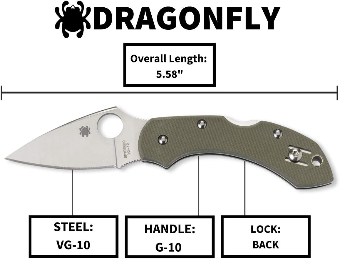 Spyderco Dragonfly Folding Pocket Knife with 2.2' VG-10 Steel Blade and G-10 Handle - EDC Knife for Men and Women, Perfect for Hunting, Tactical, Camping, Survival, Hiking - PlainEdge - C28GPFG