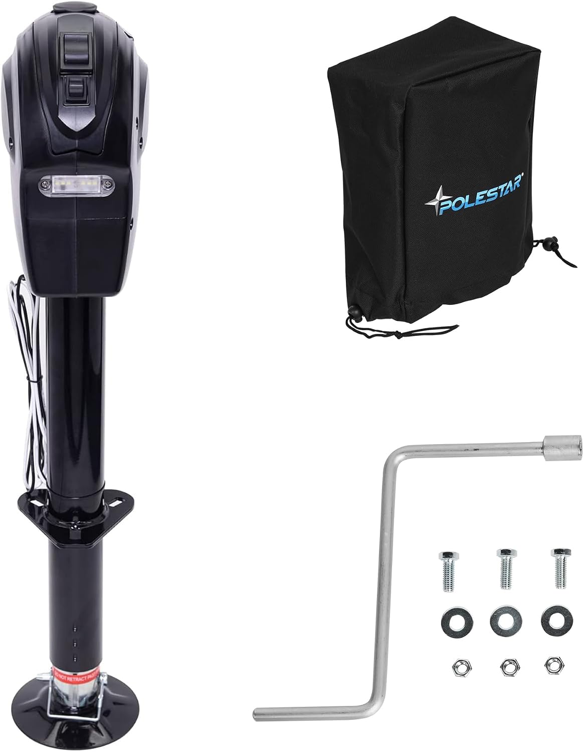 POLESTAR Electric Trailer Jack, 3500lbs Electric Power A- Frame Tongue Jack with Waterproof Protective Cover & LED Light for Travel Trailer Camper, RV, 12V DC with Hard Wiring, 9'-27' Lift