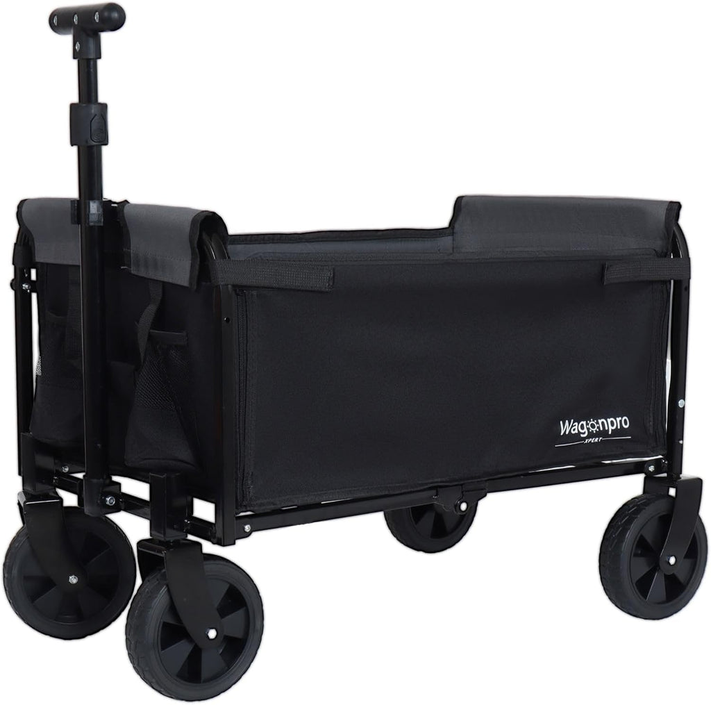 Wagonpro Folding Utility Wagon with Convertible Bench Seat, Collapsible All-Terrain Cart with 360° Swivel Wheels, Portable Outdoor Wagon for Camping, Beach, Sports Events, Black