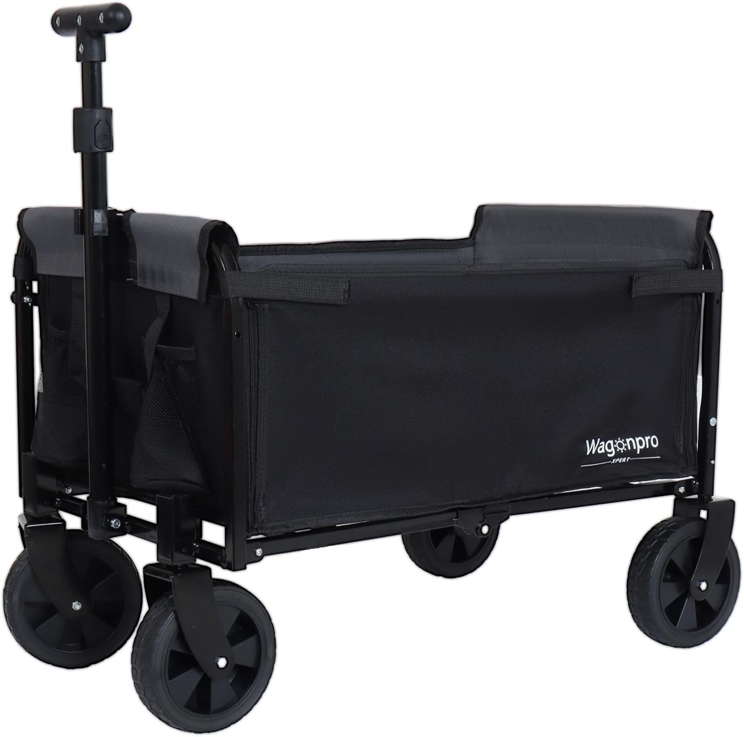 Wagonpro Folding Utility Wagon with Convertible Bench Seat, Collapsible All-Terrain Cart with 360° Swivel Wheels, Portable Outdoor Wagon for Camping, Beach, Sports Events, Black