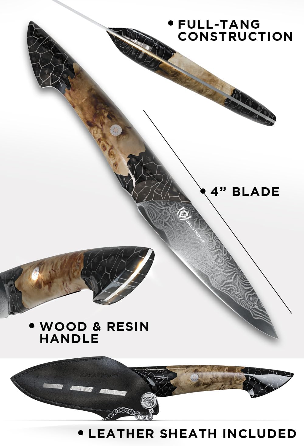 Dalstrong Paring Knife With Cover- 4'-Scorpion Series - Venom Edition - Japanese Steel Chef Knife - Spiral Sandstorm Blade Pattern - Black Honeycomb Resin Handle - w/Leather Sheath