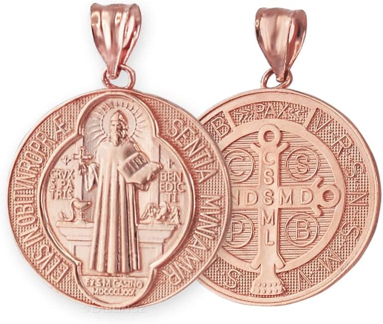 LA BLINGZ 10K Rose Gold Saint Benedict Medal Reversible Pendant Necklace
