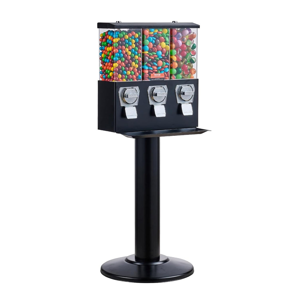 VEVOR Commercial Vending Machine, Triple Compartment Candy Dispenser with Iron Stand, Gumball and Candy Machine for Business, Coin Operated Gumball Bank for Toy Capsules Bouncy Balls Candy Nut, Black