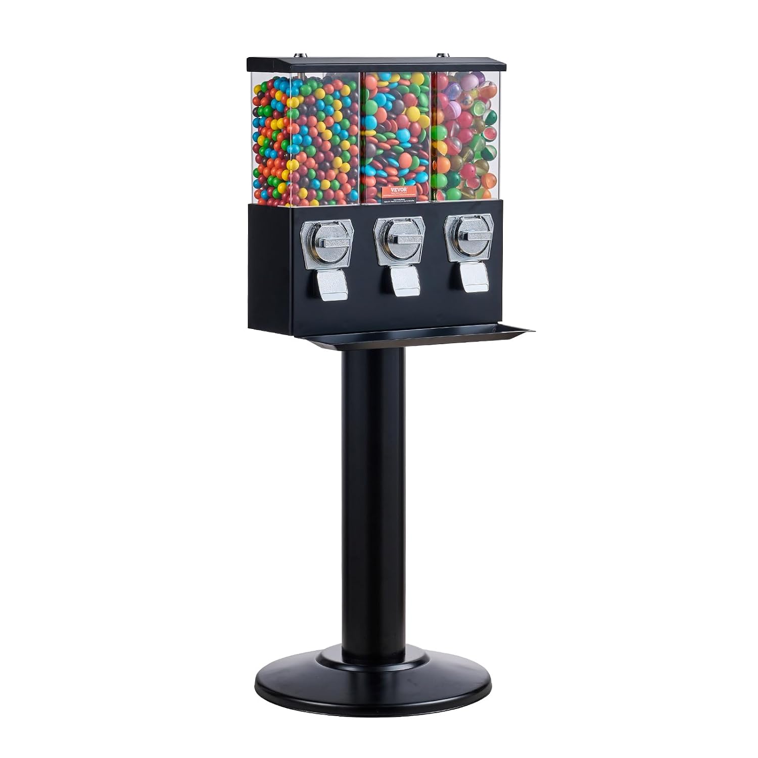 VEVOR Commercial Vending Machine, Triple Compartment Candy Dispenser with Iron Stand, Gumball and Candy Machine for Business, Coin Operated Gumball Bank for Toy Capsules Bouncy Balls Candy Nut, Black