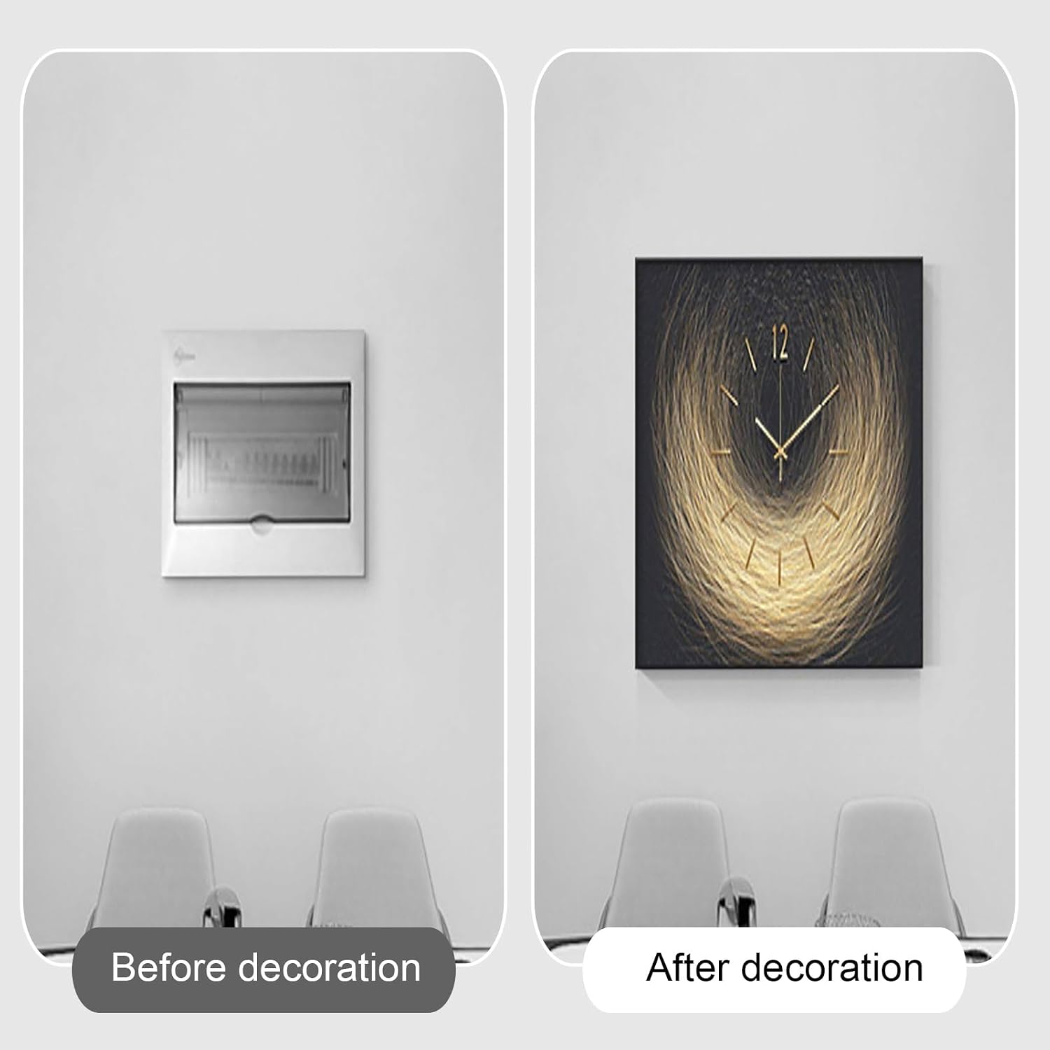 Decorative Painting Cover with Clock, Hidden Circuit Breaker Panel, Wall Mounted Electrical Panel Cover, Push-Pull Design for Home Office(Black 7,70 * 50cm/27.5 * 19.7in)