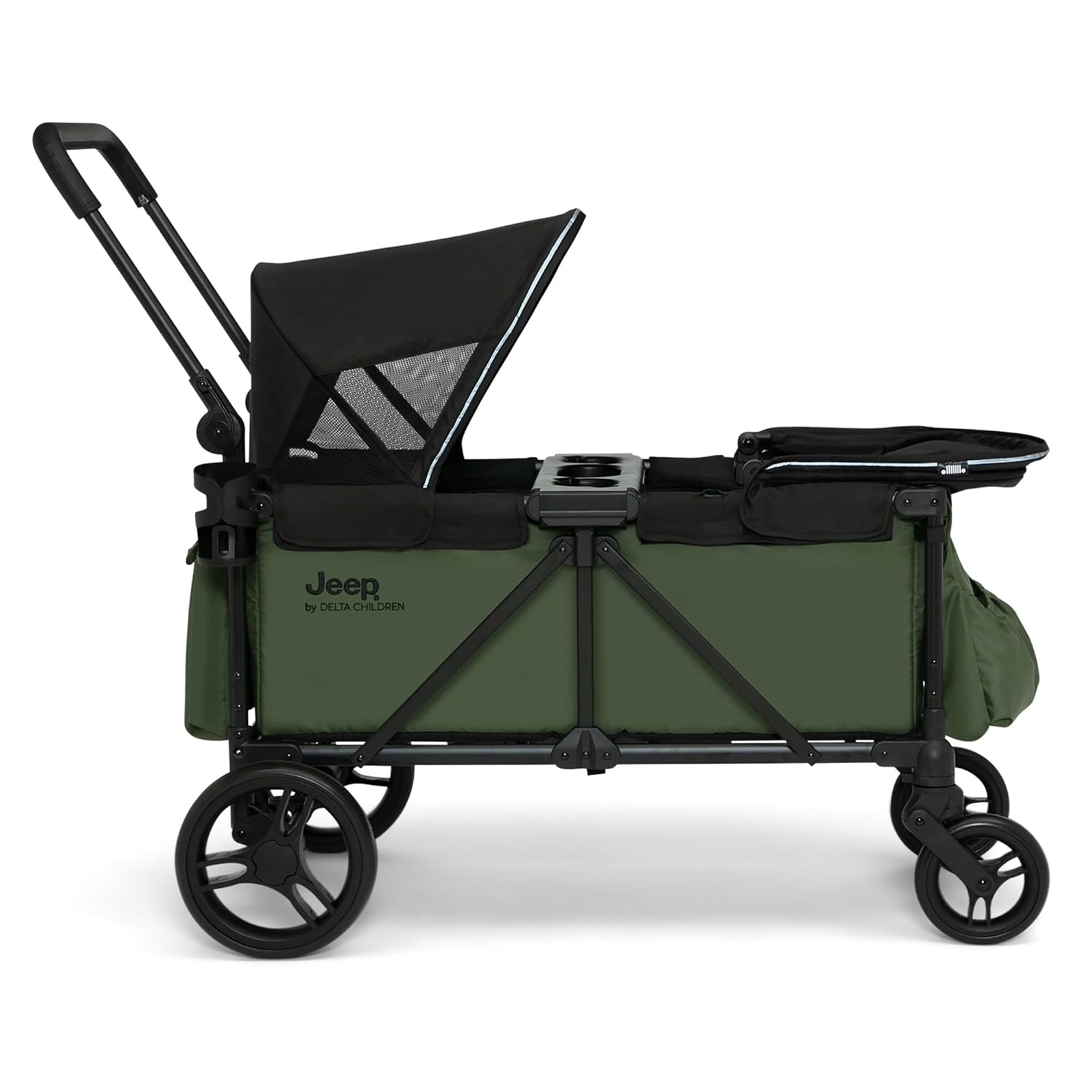 Jeep Sport Stroller Wagon by Delta Children, Black/Green | Stroller Wagon with 2 Canopies, Parent Organizer, Cup Holders, Adjustable Handlebar and Child Snack Tray