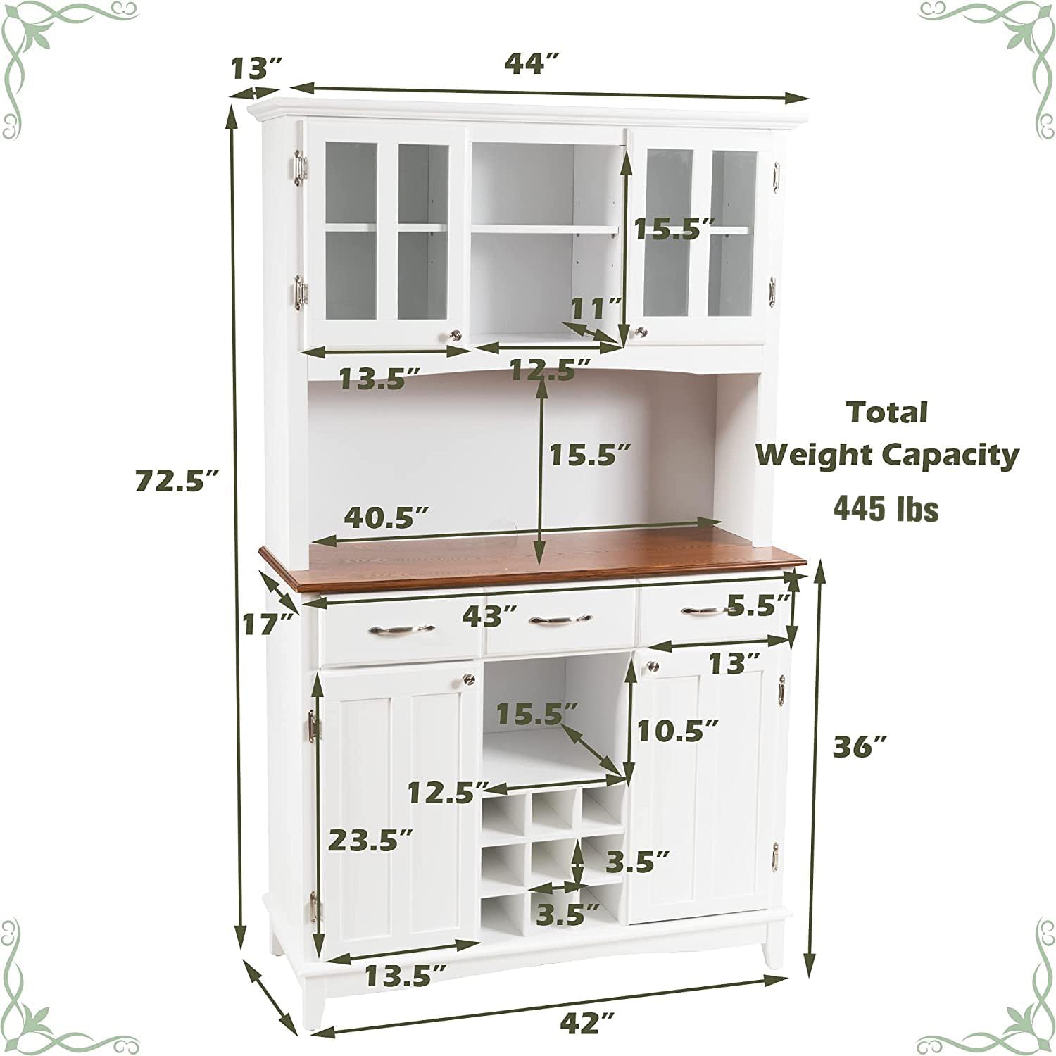 LOKO Kitchen Hutch Storage Cabinet, Sideboard Buffet Kitchen Cupboard with 4 Doors, 3 Drawers, 5 Adjustable Shelves and 9 Wine Grids, 44 x 17 x 72.5 inches (White)