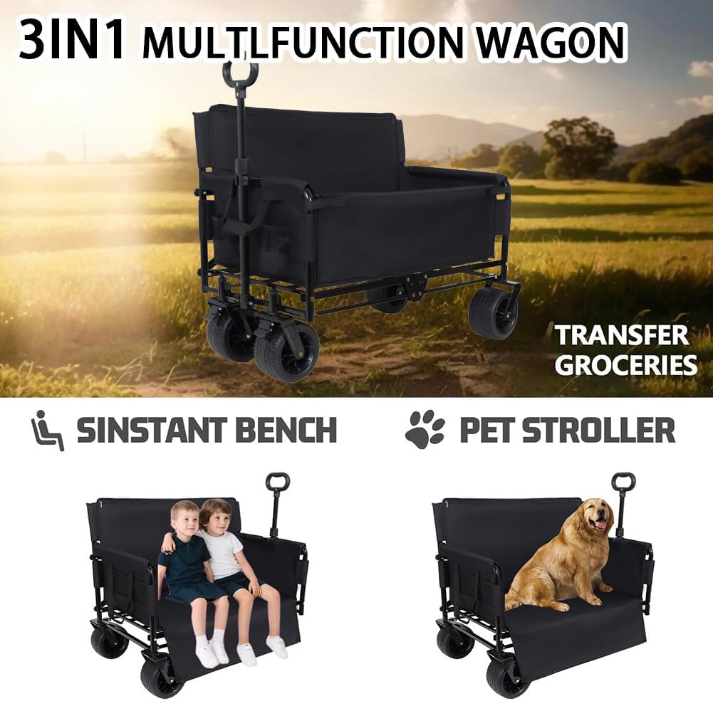 3-in-1 Convertible Folding Wagon Cart with Seat & Storage, 500lbs Heavy-Duty Utility Wagon, 180L Capacity, All-Terrain 360° Swivel Wheels for Camping, Beach, Sports, Garden (Black)