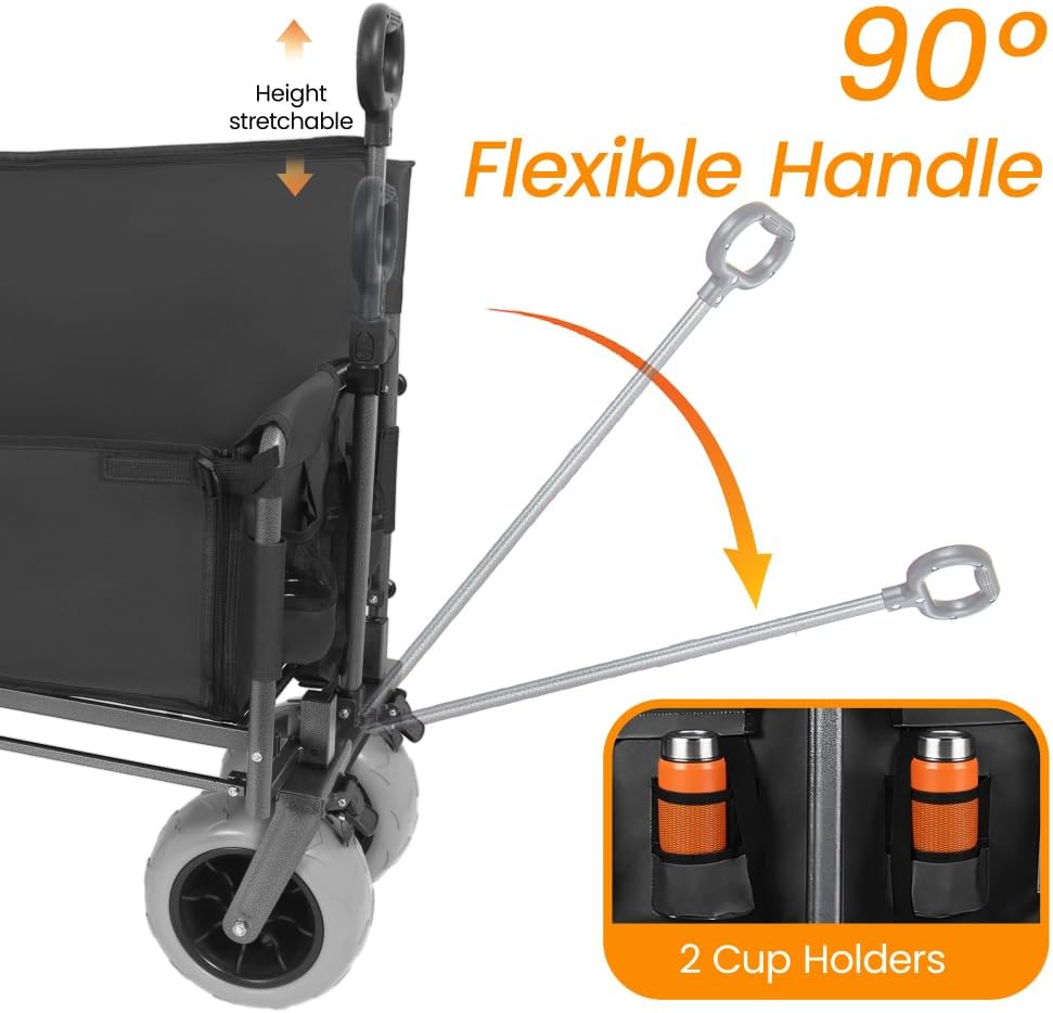 Heavy-Duty Folding Wagon with Bench Seat and Rear Folding Tabletop – 500-Pound Capacity, All-Terrain Beach Wheels for Outdoor Use (Black + Steel)