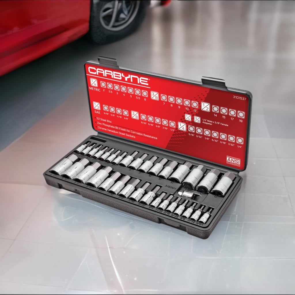 CARBYNE 33-Piece Master Bit Socket Set, SAE & Metric Hex (Allen) Bit Sockets, S2 Steel, 1/4', 3/8' & 1/2' Drive for Automotive, Motorcycle & Furniture Repair