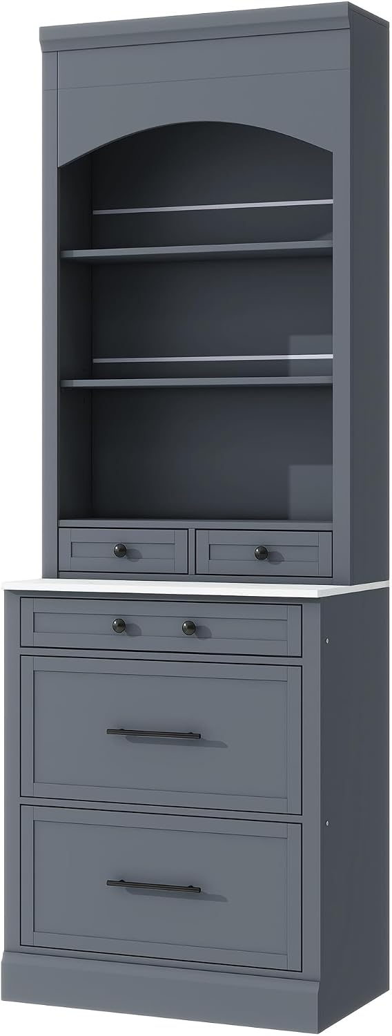 84' Faux Marble-Top Freestanding Storage Cabinet, Kitchen Storage Bakers Rack with 5 Drawers, Utility Food Cupboard with Adjustable Shelf for Kitchen/Dining Room/Living Space, Gray
