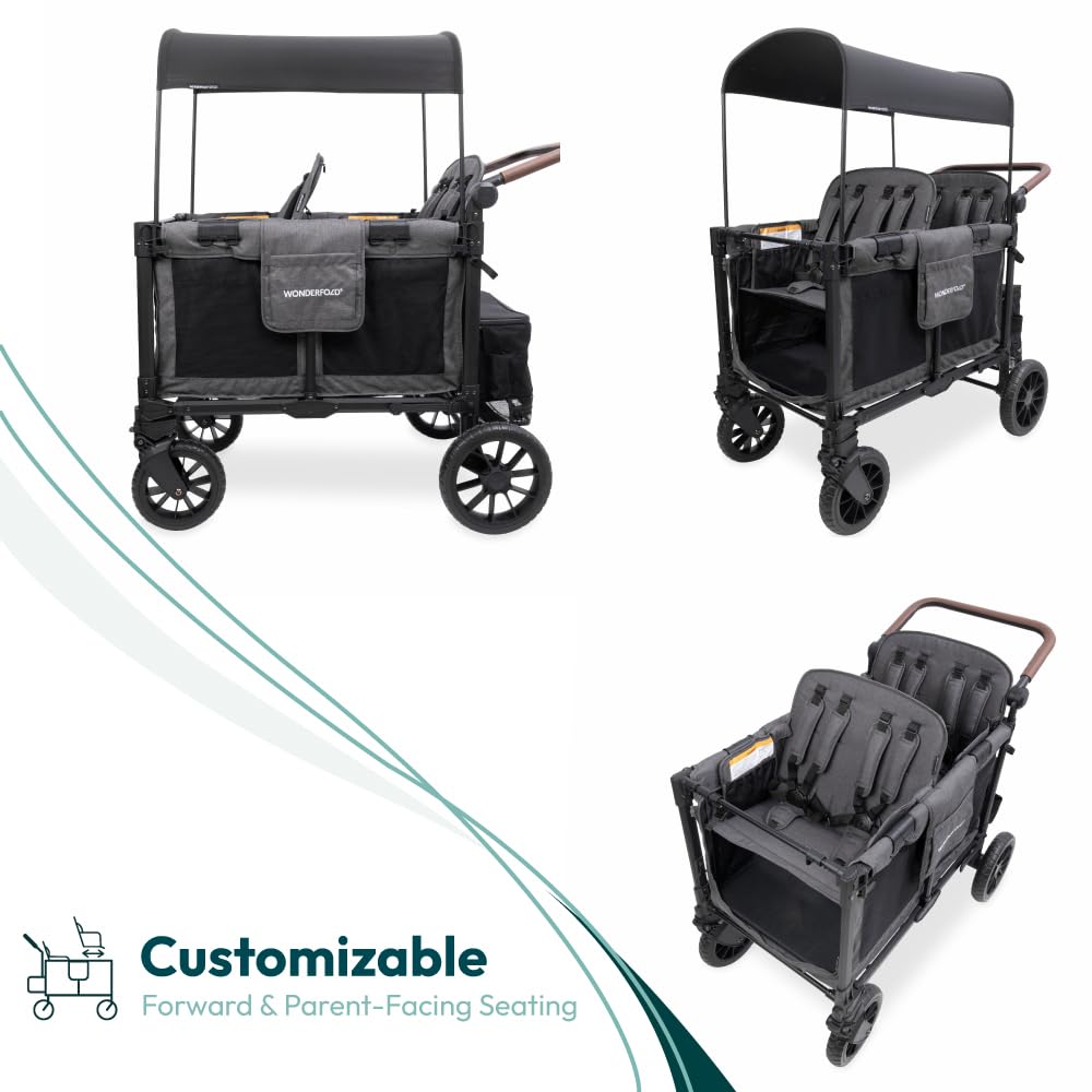 WonderFold W4 Luxe Pro Stroller Wagon - Collapsible Stroller Wagon with Aluminum Frame - Adjustable Canopy & Push Handle - XL All-Terrain Wheels - For Babies, Toddlers & Kids - 4 Seater - Gray