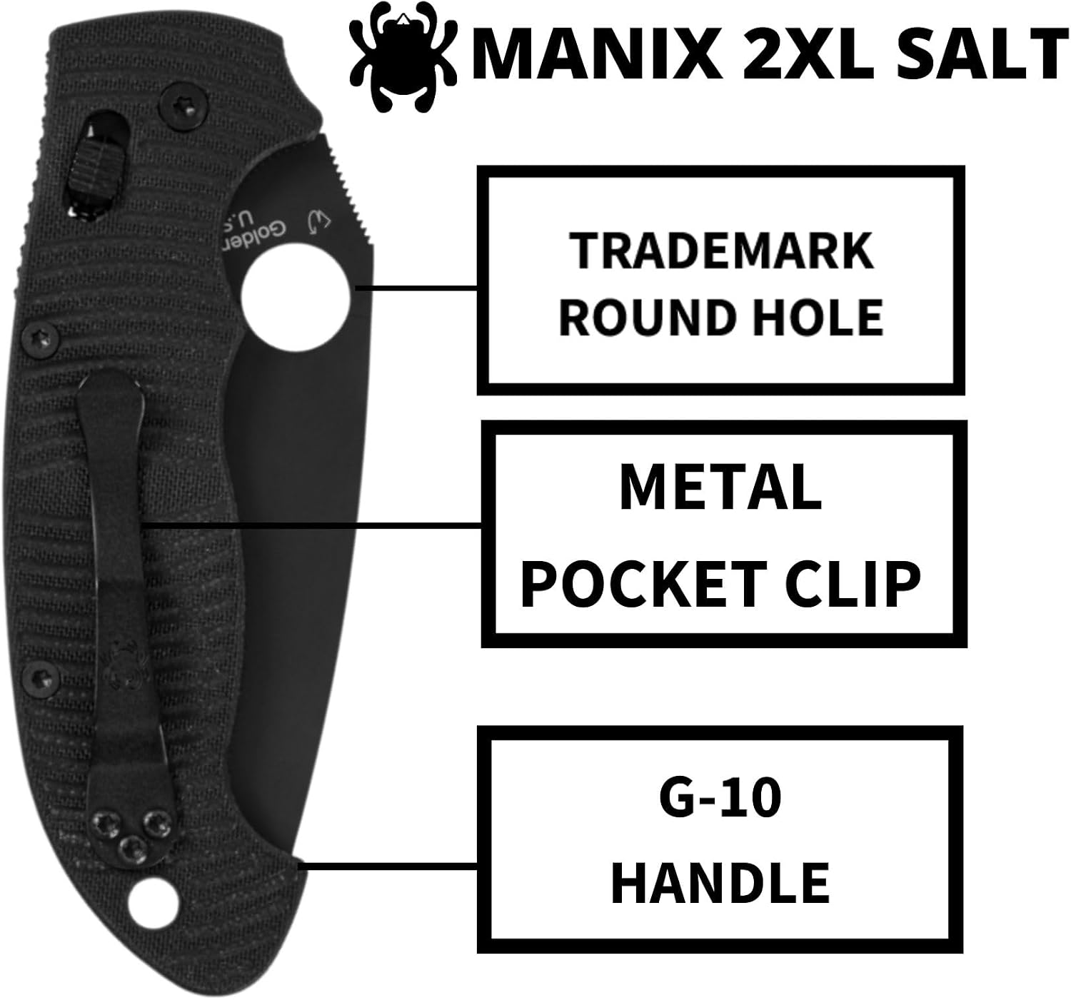 Spyderco Manix 2 XL Salt Folding Knife with 3' Black CPM MagnaCut Steel Blade and G-10 Handle - EDC Knife for Men and Women, Perfect for Hunting, Tactical, Camping, Survival - PlainEdge - C95GMCBKP2