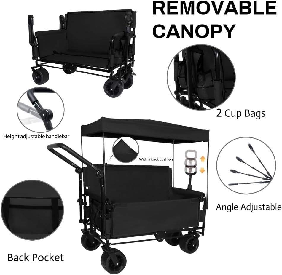 Heavy-Duty Folding Wagon Cart with Canopy, Bench Seat & Storage Compartment for Outdoor Activities, Beach Trips, Camping, Sports Events and Garden Use (Black + Steel)