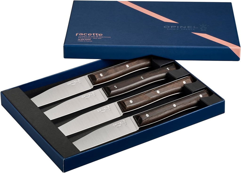 OPINEL Facette Steak Knife Set – Full Tang Table Knife Setting for 4, Comfortable Riveted Handle in Premium Woods and Vitter Eco, Made in France (Dark Ash Wood)