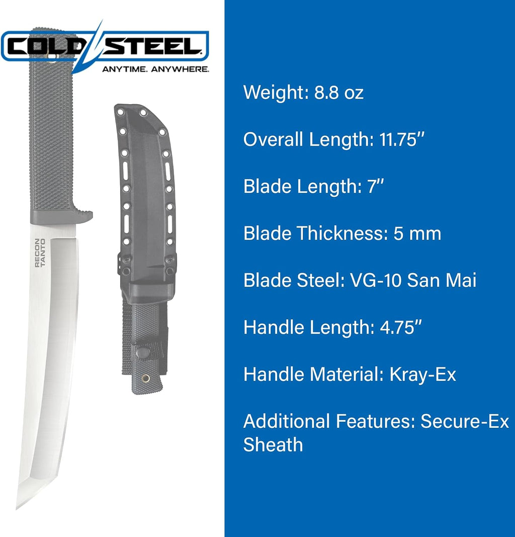 COLD STEEL Recon Tanto 7' VG-10 San Mai Razor-Sharp Blade 4.75' Kray-Ex Handle Military Tactical Fixed Blade Knife w/Secure-Ex Sheath