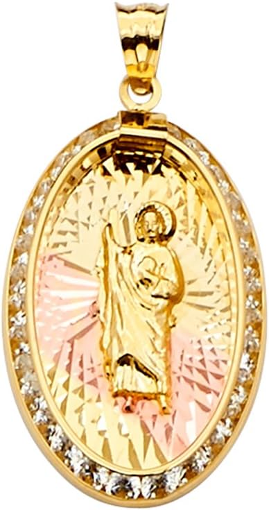 14K Tri Color Gold Cubic Zirconia San Judas Medal Pendant - Crucifix Charm Polish Finish - Handmade Spiritual Symbol - Gold Stamped Fine Jewelry - Great Gift for Men & Women for Occasions, 30 x 15 mm, 1.6 gms