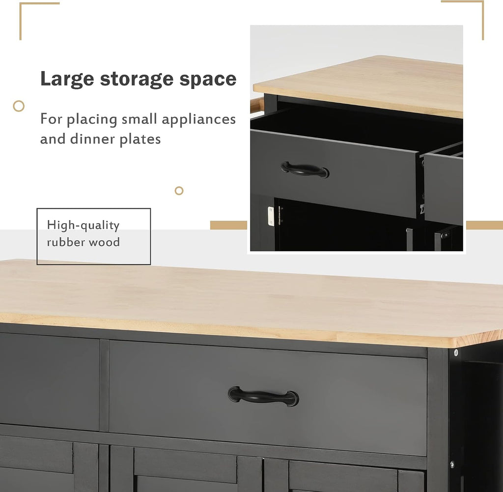 Merax 54.3' Width Kitchen Island with Storage, Rolling Kitchen Storage Islands with 4 Door Cabinet & 2 Drawers, Kitchen Cart with Solid Wood Top, Lockable Wheels, Spice Rack, and Towel Rack, Black
