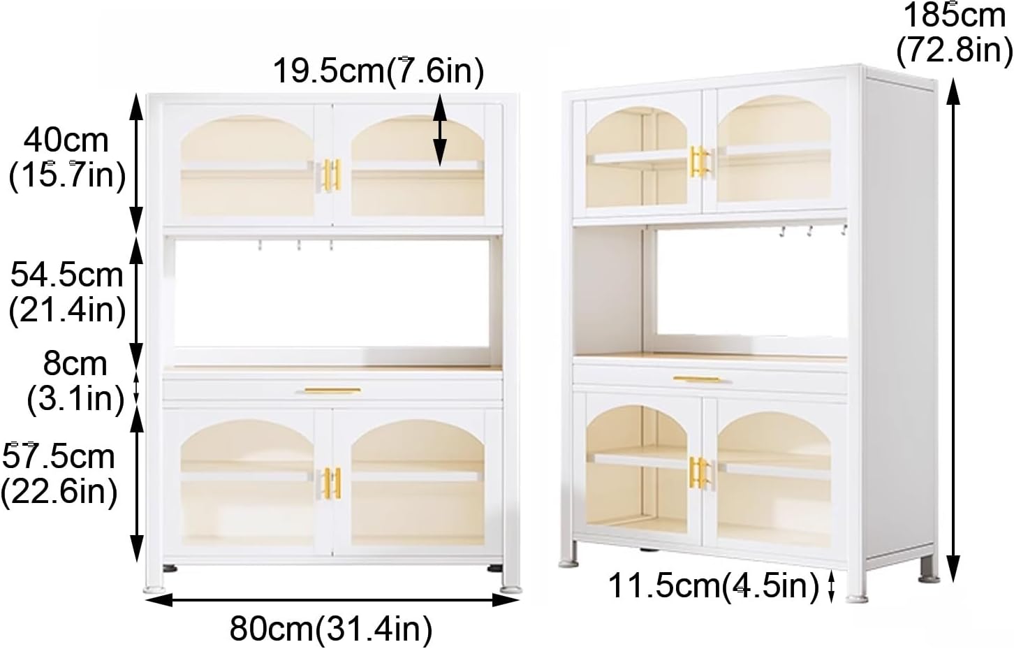 Kitchen Bakers Rack with Storage, Standing Kitchen Storage Rack with Drawer, Microwave Stand with 3 Hooks, Large Capacity(White,80cm)