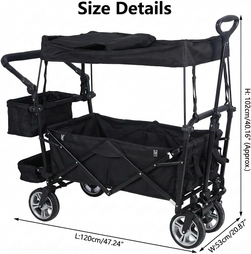 Foldable Wagon with Canopy, Wagon with Seat, Adjustable Push Pulling Handle, 4 360° Dual-Bearing Quick-Release Casters, 220lbs Loading Bearing, for Beach Camping Shopping Trips (1)