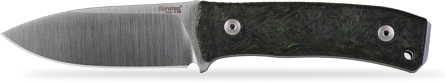 LionSTEEL M4 Fixed Blade FatCarbon Glow in the Dark Carbon Fiber Handle Scales, Full Extended Tang Construction, M390 Steel Blade, Triple Stitched Leather Sheath, KAVISO Exclusive