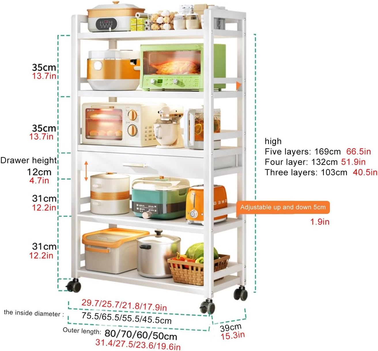 Kitchen Floor Cupboard Tall Storage Cabinet with Flip Doors Adjustable Shelves Kitchen Storage Sideboard with Countertop Free Standing，Microwave Stand with Drawer, 3-Tier Baker's Rack on Whe