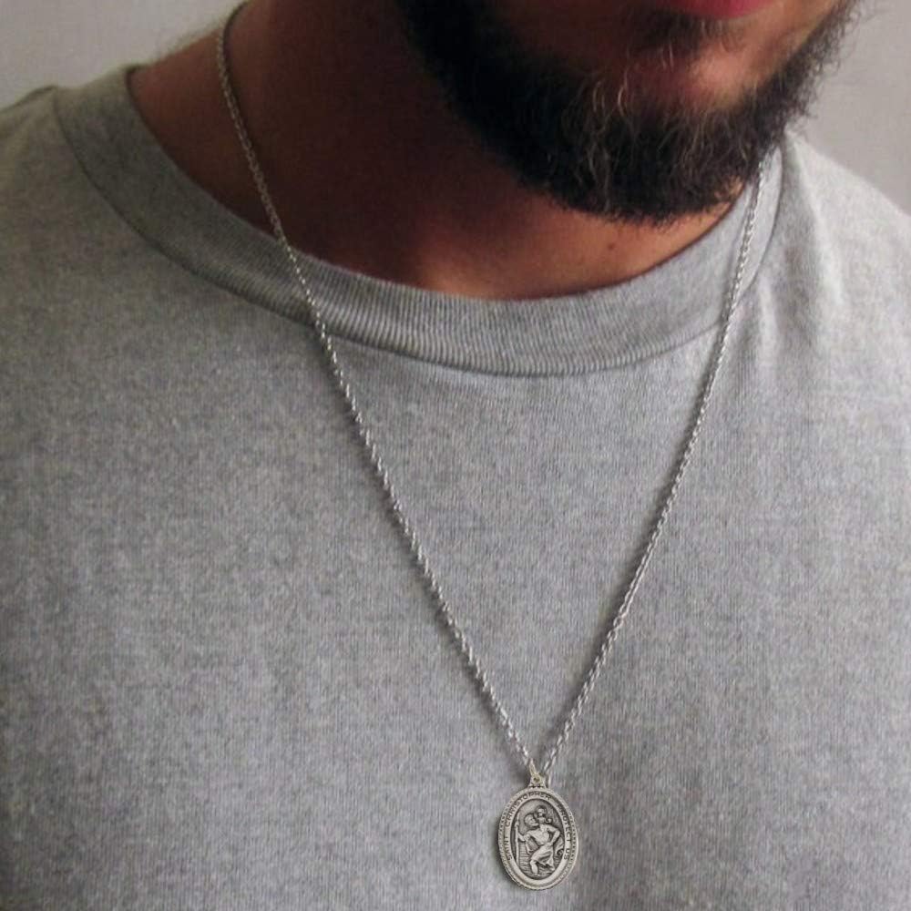 925 Sterling Silver Polished Antiqued-Finish Double Sided Saint Christopher Oval Sports Pendant Medal Necklaces