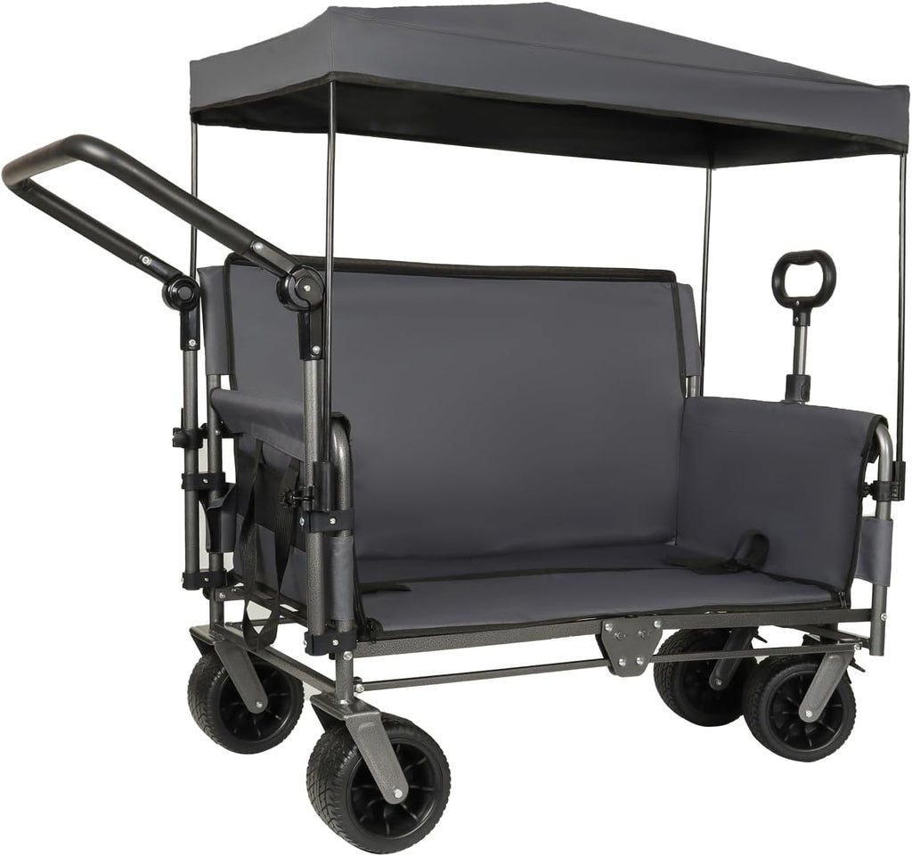 3-in-1 Folding Wagon Cart with Bench Seat & Canopy & Storage, 500lbs Heavy-Duty, 180L Capacity, All-Terrain Wagon for Camping, Beach, Sports, & Garden, Gray