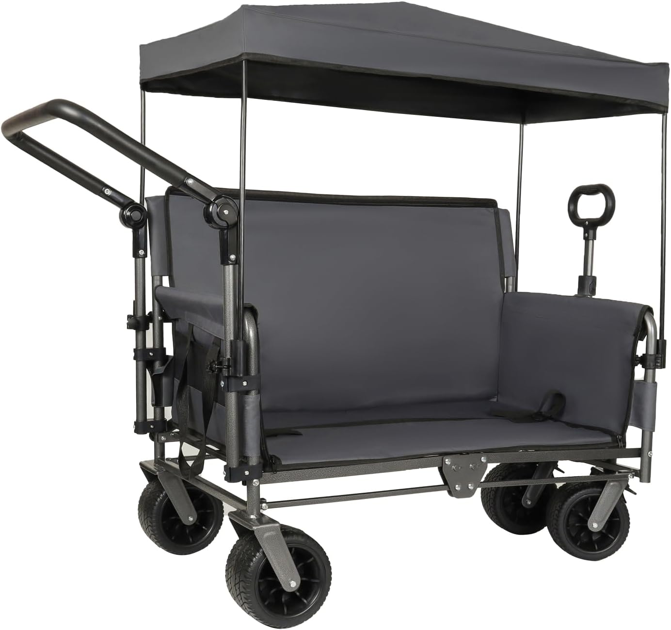 3-in-1 Folding Wagon Cart with Bench Seat & Canopy & Storage, 500lbs Heavy-Duty, 180L Capacity, All-Terrain Wagon for Camping, Beach, Sports, & Garden, Gray